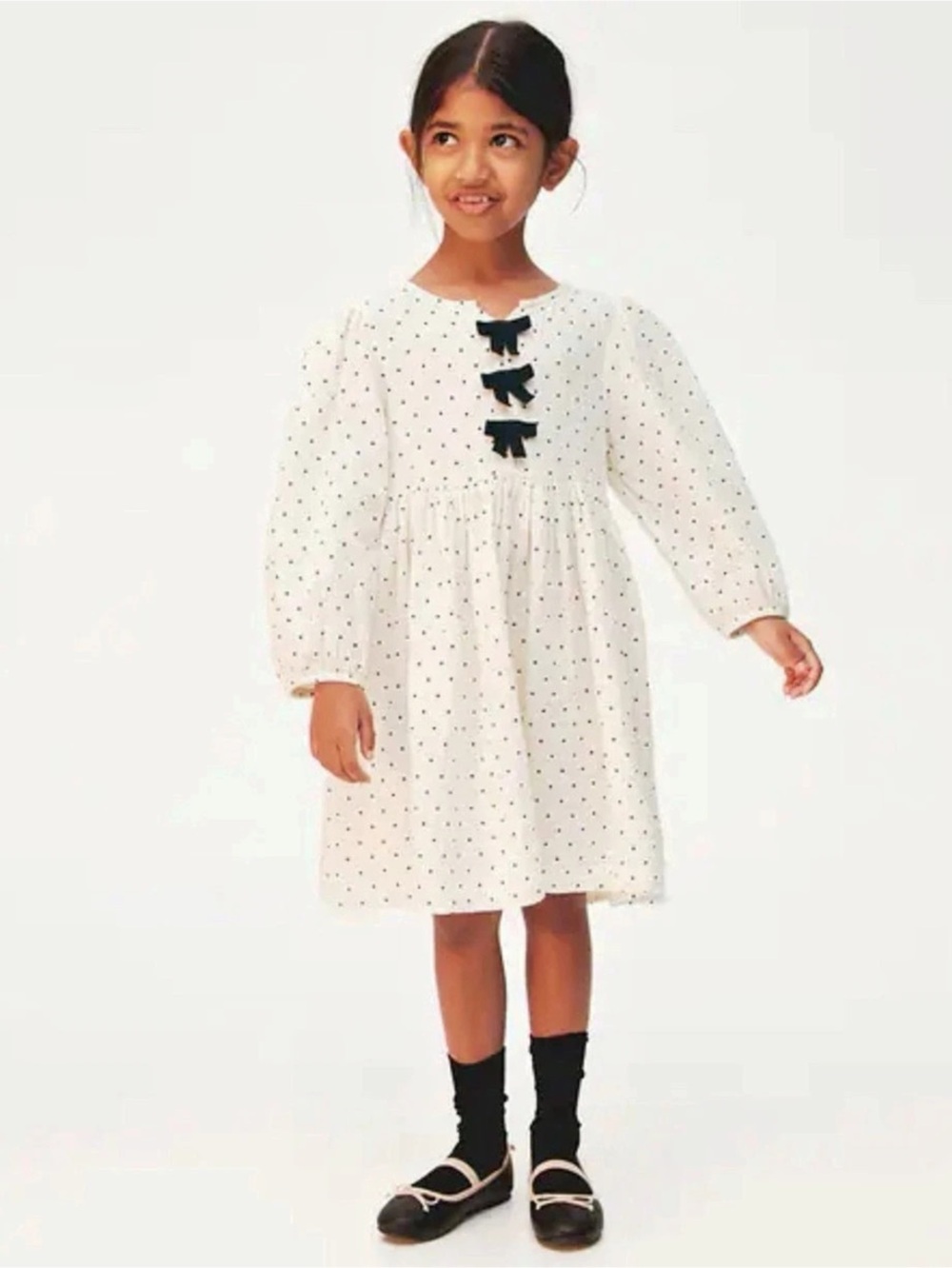 H&M 100% cream polka-dot puff sleeve muslin dress w/ decorative black bows sz 8